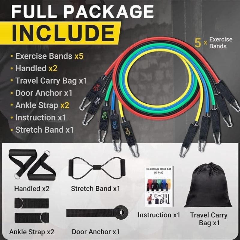 11-Piece Resistance Band Set – 150LB Total Stackable Workout Bands with Bar, Handles, Ankle Straps & Door Anchor | Full-Body Home Gym